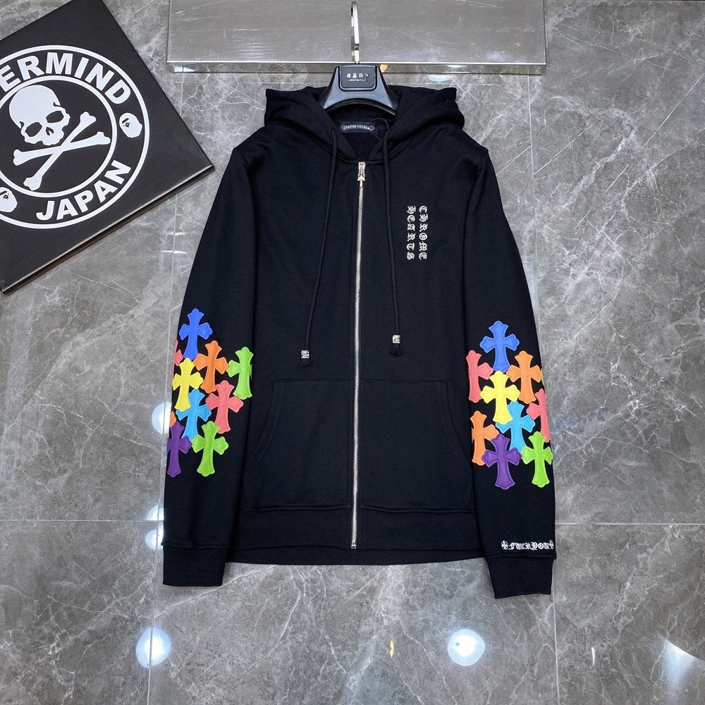 CHH Chrome Heart Hoodie Crowe Double Arm Embroidered Colored Cross Group Leather Zip Sweater